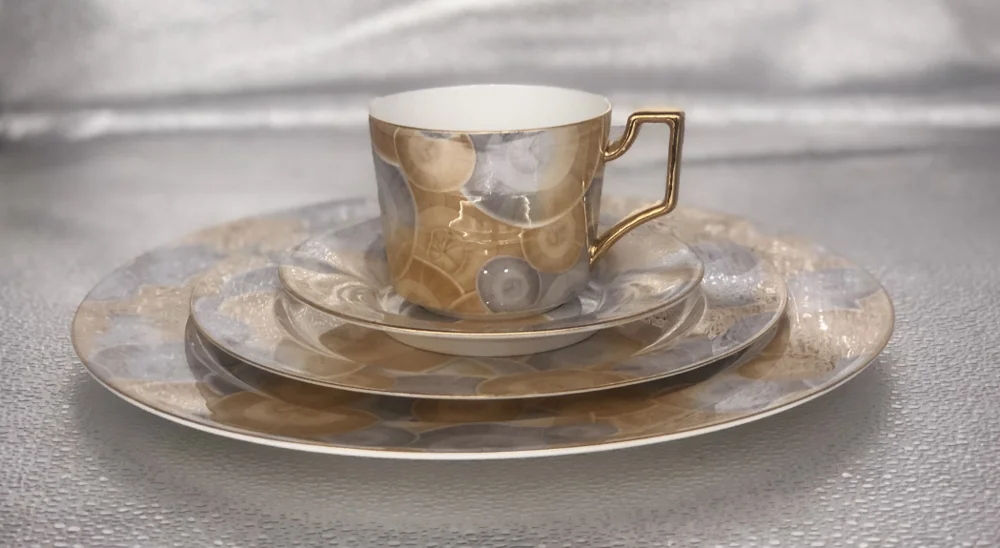 P&T Royal Ware 4 PCS Bone China Tableware Set Marble Design Plate Coffee Cup and Saucer