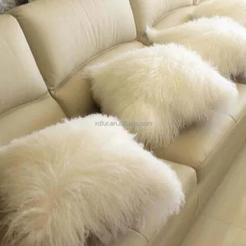Long Hair Decorative Tibet Lamb Skin Throw Pillow White Mongolian