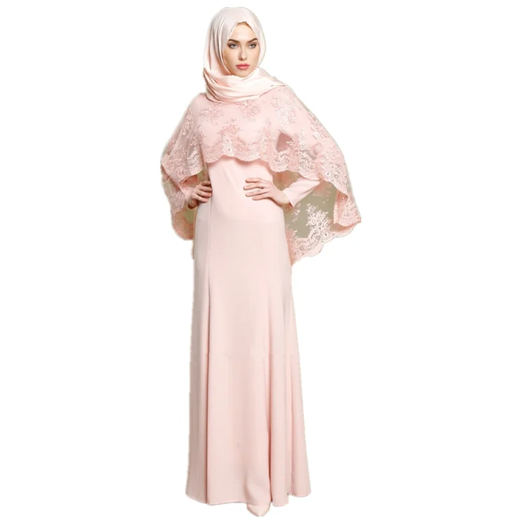 

2018 New Arrival fashion Islamic maxi dress abaya embroidered lace cape two-piece Moroccan abaya, Pink,grey