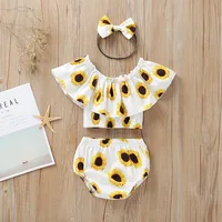 

2019 Summer Baby Girl Clothing Set Sunflower Prints Tops + Shorts Bloomers + Headband Baby Girl Clothes Newborn Outfits