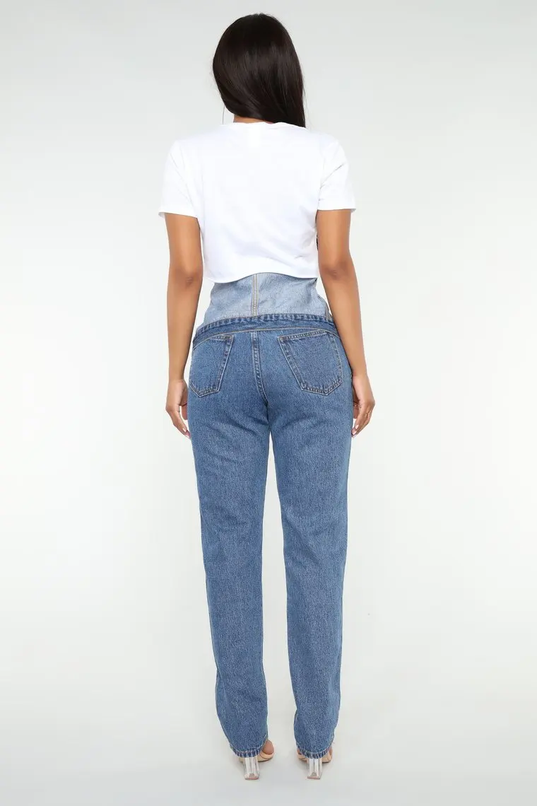 Fashion Oem Foldover Waist Boyfriend Denim Style Jeans Women