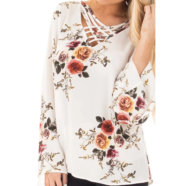 Big Sale Crisscross Lacing-Up V Neck Causal Loose Fit Women Autumn Long Sleeve Fashion Blouse