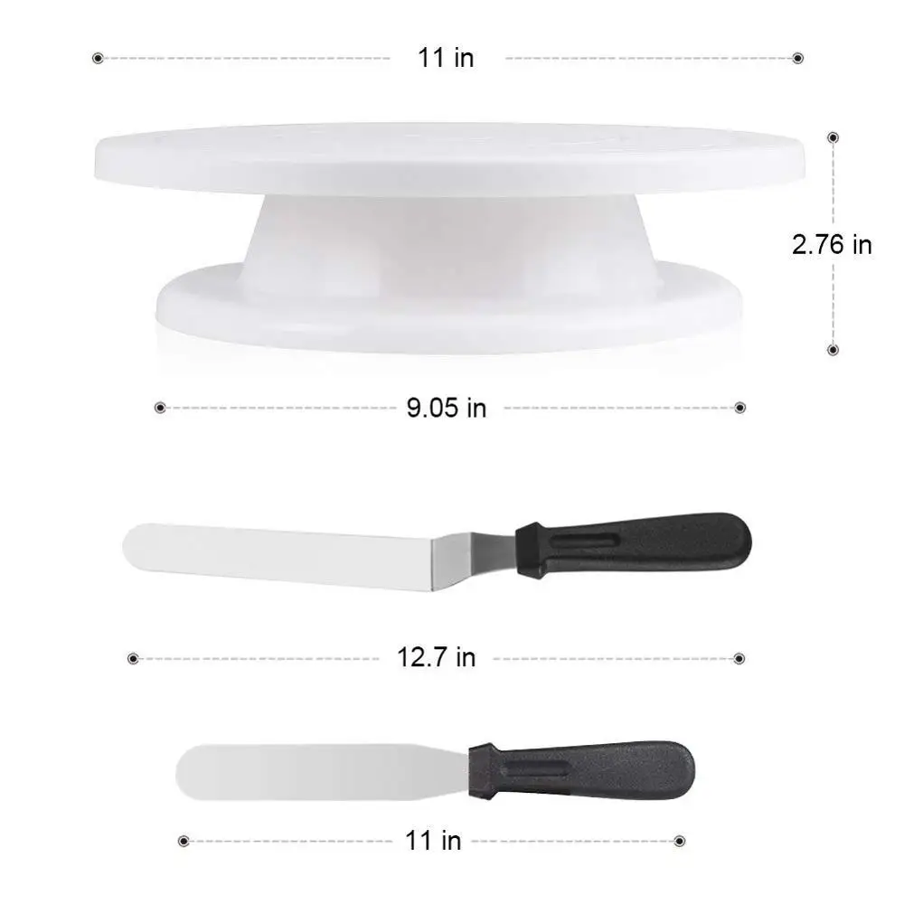 

Amazon best selling 11 Inch Rotating Cake Turntable with 2 Icing Spatula and Icing Smoother, Cake Decorating Supplies, White