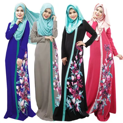 

Muslim Costume Manufacture Stock OEM high quality variety design Floral Printed fashion women dubai abaya muslim dress, Pink/ yellow/green/red muslim women long dress