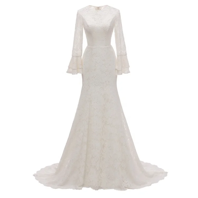 

100% Real Photos Latest Arrival Gorgeous Lace White Sheath Long Sleeve Lawn Bridal Wedding Dress Plus Size Manufacturer, Ivory