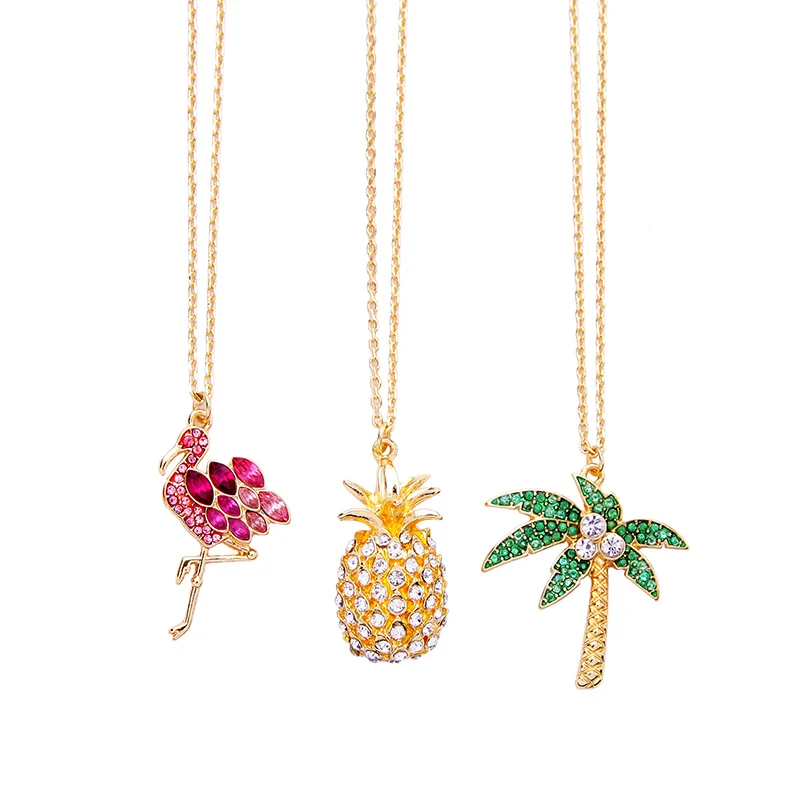

xl02145c Hawaiian Jewelry Wholesale Macrame Coconut Tree Pineapple Fruit Bling Flamingo Gold Pendant Necklace Set