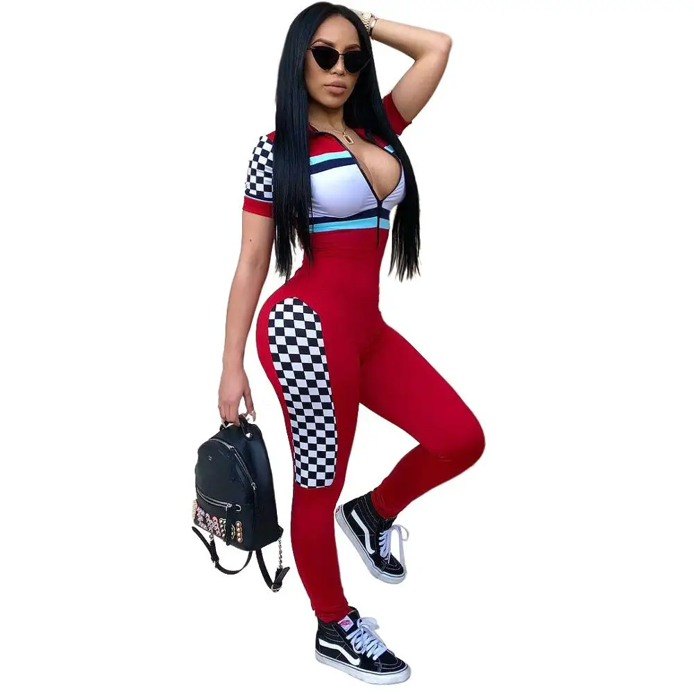 

2 Colors Sexy Block Colors Zipped Sports Jumpsuit for women