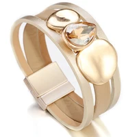 

Genuine Leather Bracelets For Women 2019 Bohemian Boho Crystal Metal Charm Multilayer Wide Wrap Bracelet Female Jewelry