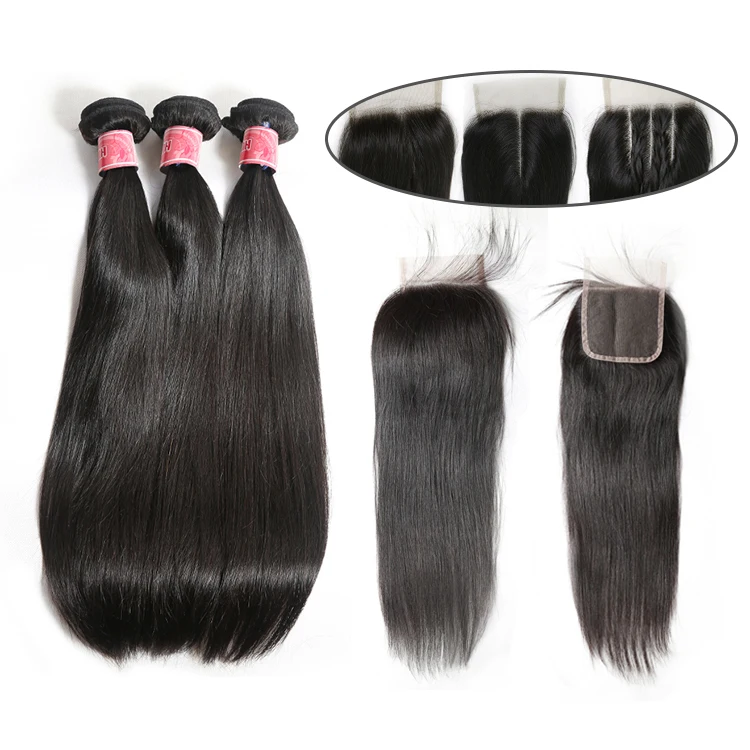 

Virgin Brazilian Straight Hair Bundles With Closure 3 Bundles Straight Human Hair Bundles With Closure 4x4 Remy Hair Weave, Natural color