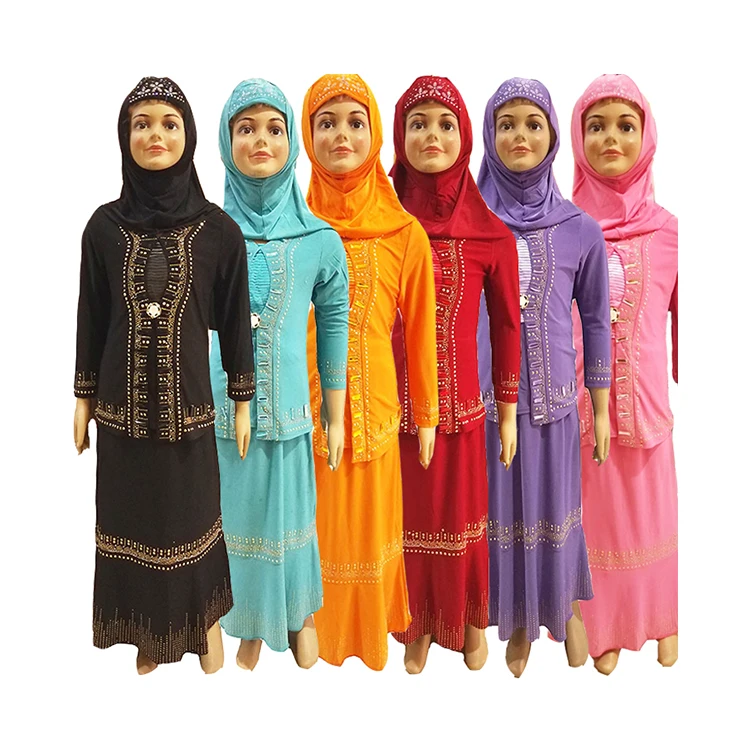 

2018 New Three-piece Colorful Baby Girls Kids Abaya Hijab Wholesale, 6 colors
