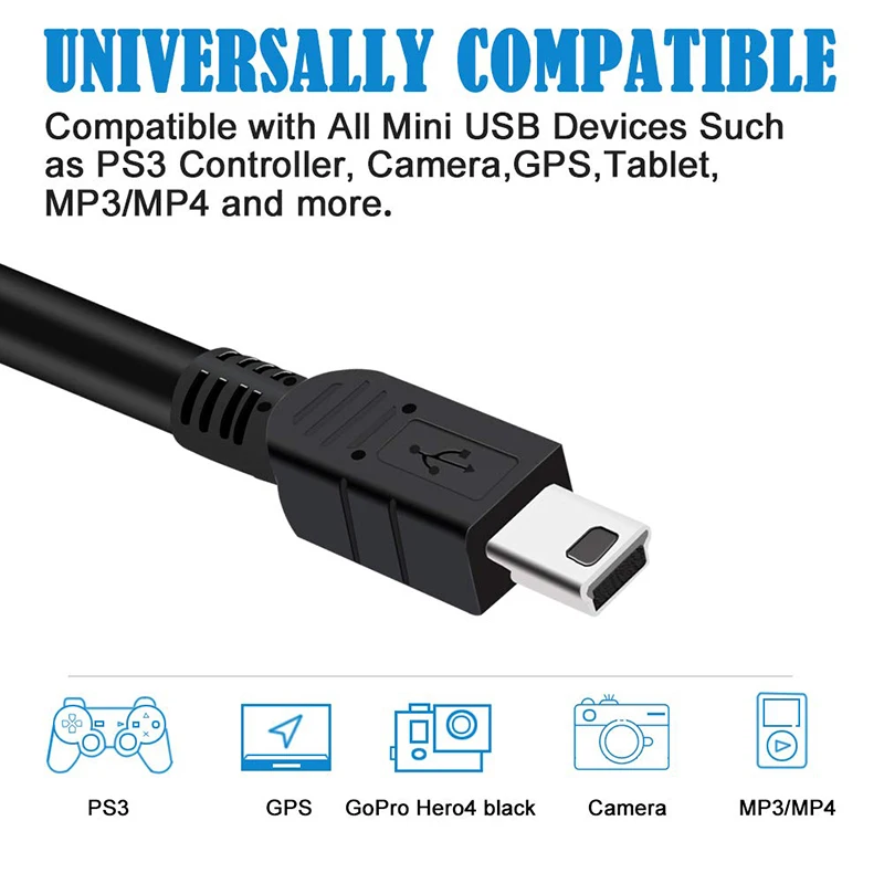 2 Meter Long USB to MINI B Data Charger Cable For Garmin Dash Cam GoPRO MP3 MP4 