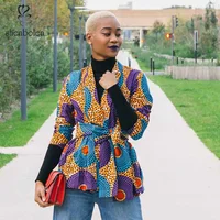 

Custom African Print New Fashion Female Clothing Lapel Long Sleeve Jacket With Waist Belt