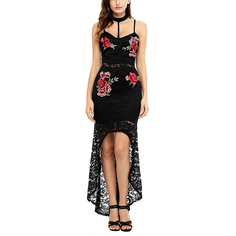 

Hot Sale Women Slip Halter Black Short Front Long Back Embroidered Maxi Dress Sleeveless Fashion Lace Patchwork Dress, White;black
