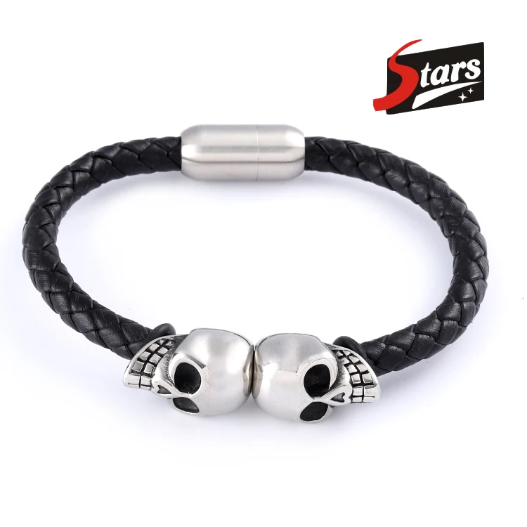 

Handmade Quality Braided Leather Skull Stainless Steel Leather Bracelet For Men