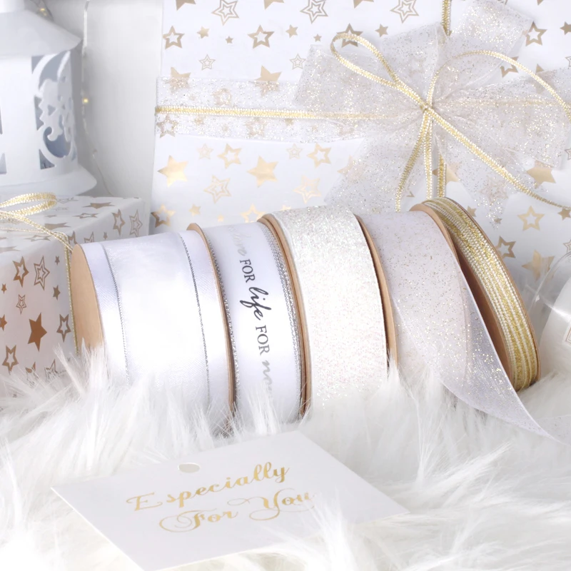 

High Grade Customised Different Types Glitter Elegant White Gold Ribbon