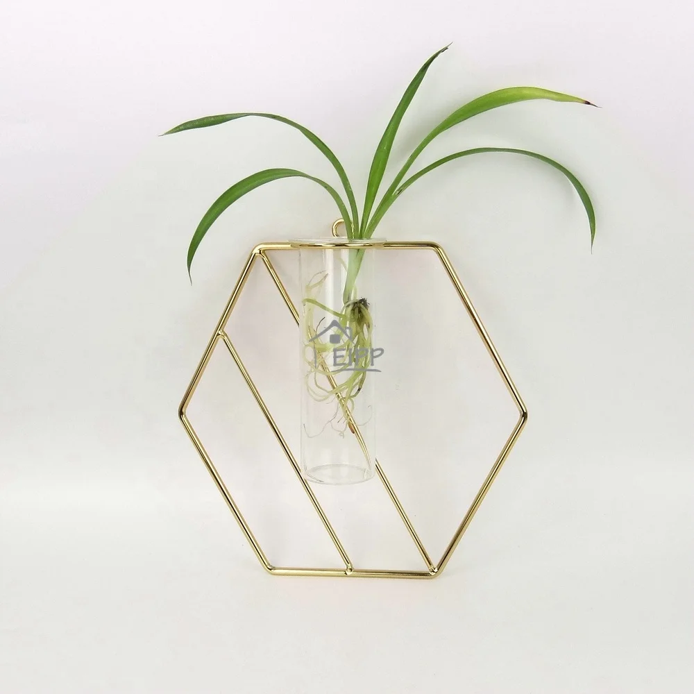 Hexagon Metal Frame Hydroponic Test Tubes Hanging Vases Glass Tube