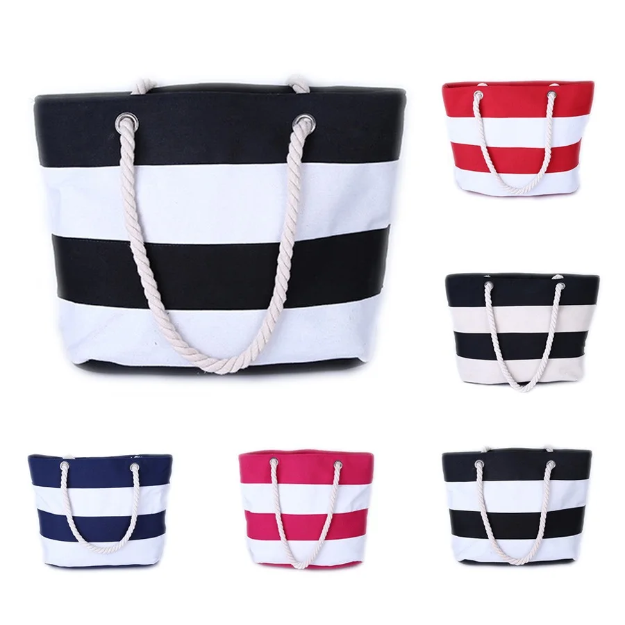 Wholesale Stripe Large Canvas Beach Bags Promotional Custom Canvas Rope ...