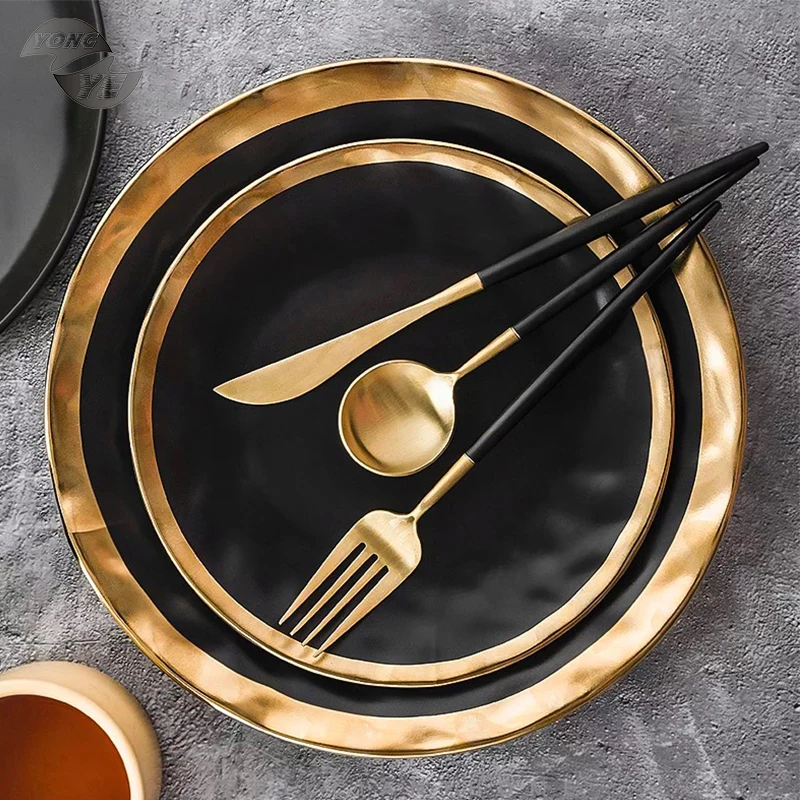 

Modern kitchen decorative plates and bowls luxury matte black porcelain dinnerware set, Matt black