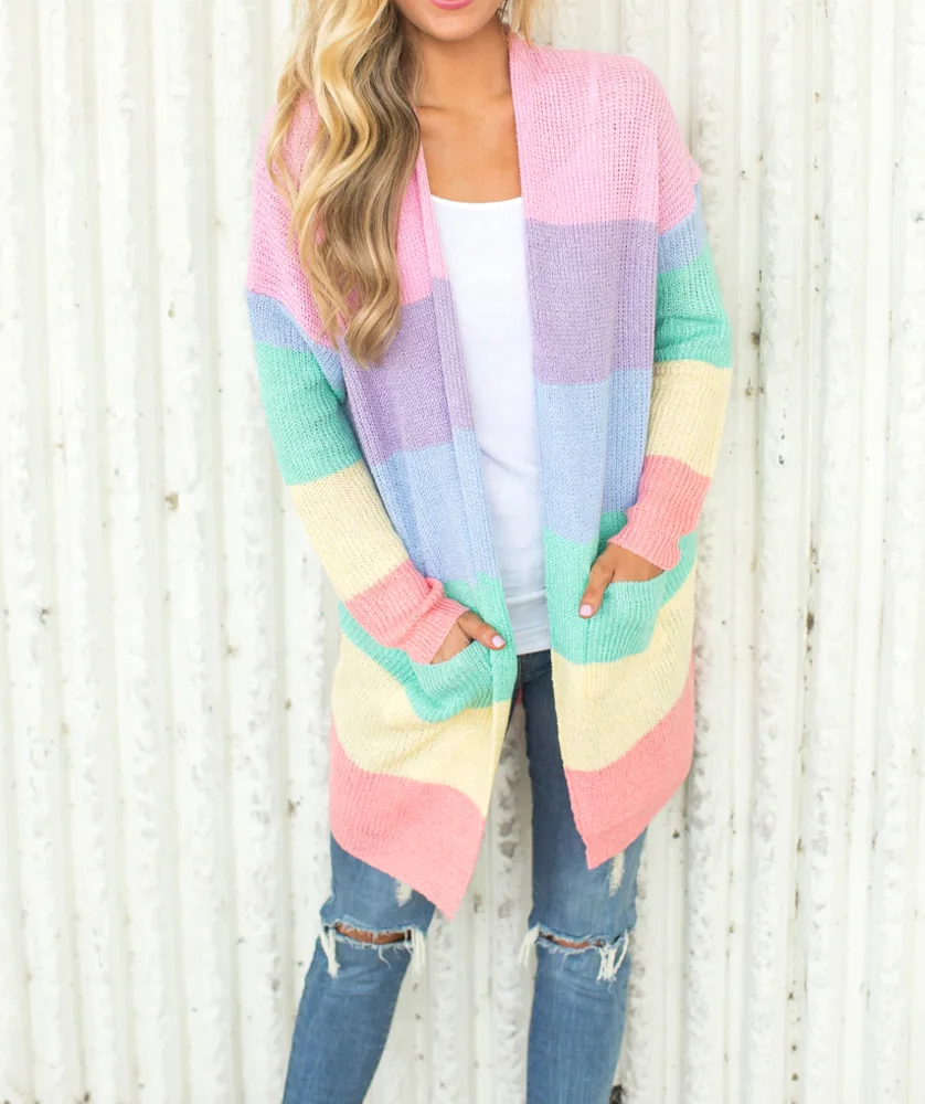 

D100 S-3XL Maxi Size Winter Female Cardigans Women Fashion Striped Sweaters Girls Long Sleeve Pocket Coat Ladies Knitted Casual, N/a