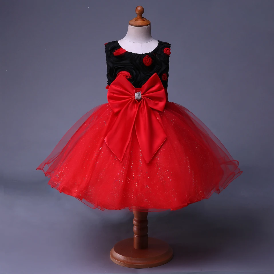 

Hand make rose flower children frocks designs latest party wear dresses for girls, Black and red