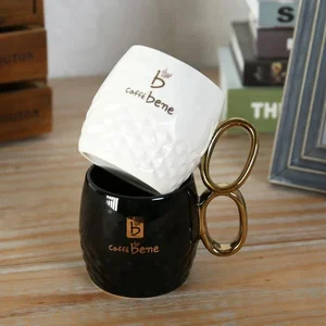 Image of White and Black gold handle couple's Ceramic coffee pineapple cup mug