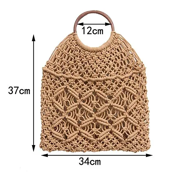 

2021 Xianjian Hollow Straw Bag Sheer Macrame Tote Wooden Handle Net Bag beach Handbag (XJSV327)