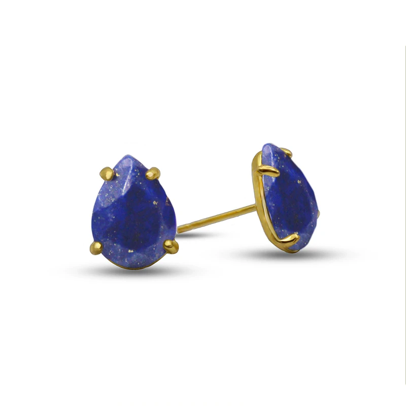 

Natural Faceted Cut Drop Shape Lapis Lazuli Stud Earring 24k Gold Plated Pear Gemstone Stud Earrings For Women Girls, Blue turquoise stud earrings