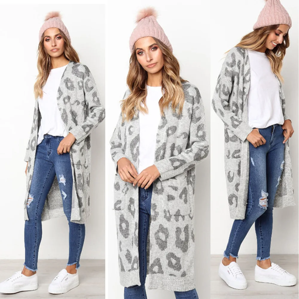 

Fall winter trending Europe sweaters women leopard printed knitted cotton long sweaters coat sexy ladies cardigan women sweaters, Picture