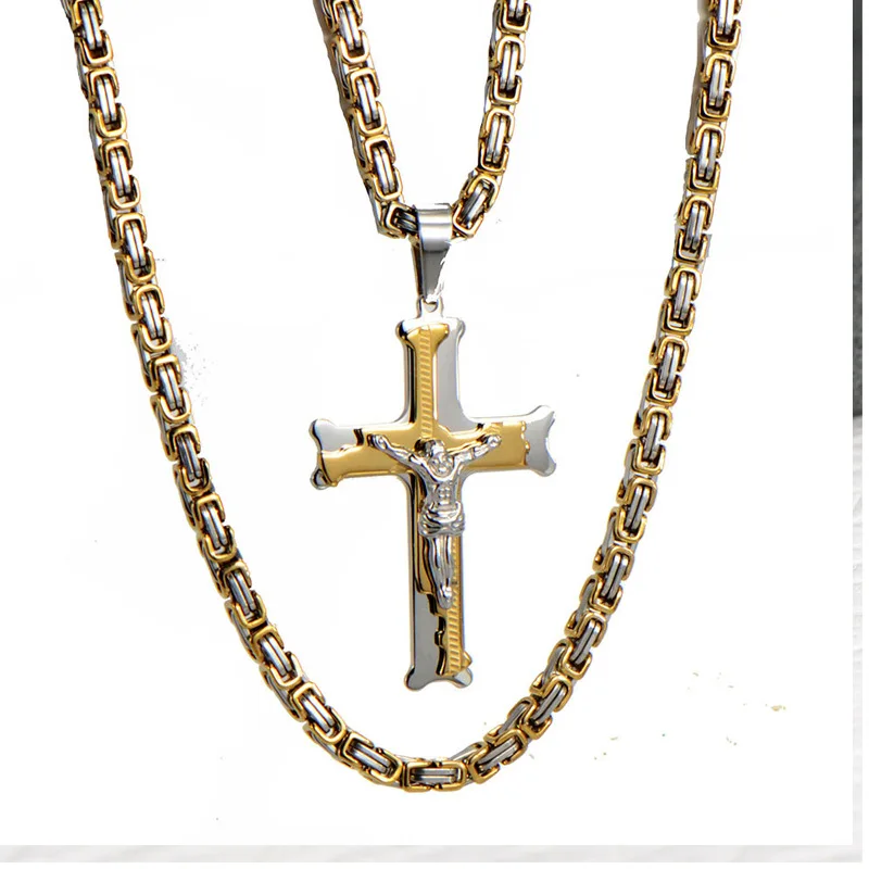 

Luxury Jewelry Stainless Steel Hiphop Chain Byzantine Cross Jesus Pendant Necklace for Men, Silver/gold