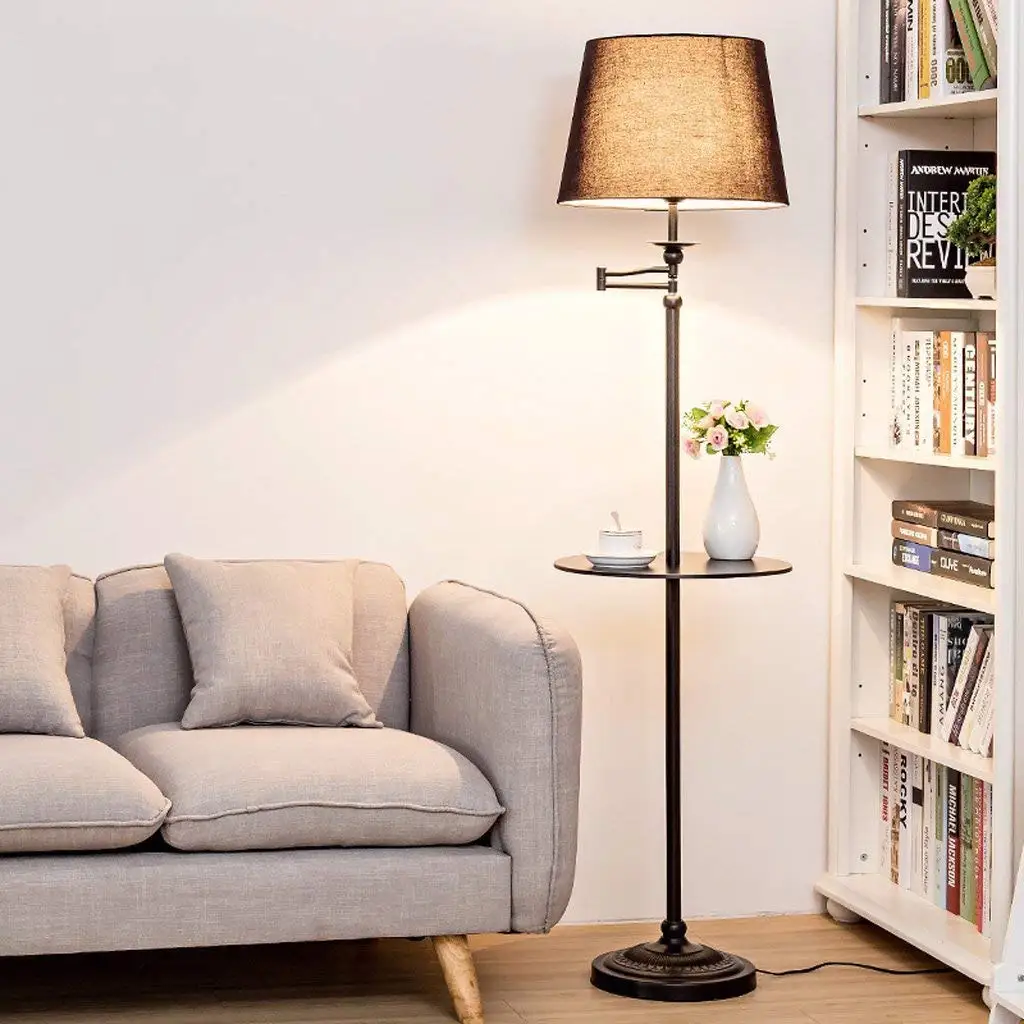 American Simple and Modern Style Creative Floor Lamp With an Integrated Coffee Table, Living Room Sofa Study Office Table Lamp Bedroom Bedside Floor Lamp, Fabric Lampshade, Iron Floor Lamp, E27