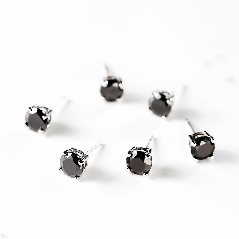 

E532 Basic small 925 sterling silver four claws black cubic zirconia earring studs for girls by Moyu