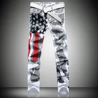 

Men Casual American USA Flag Printed Jeans Mens Graffiti Print White Hip-hop Fashion Pants Slim Fit Trousers Y10907