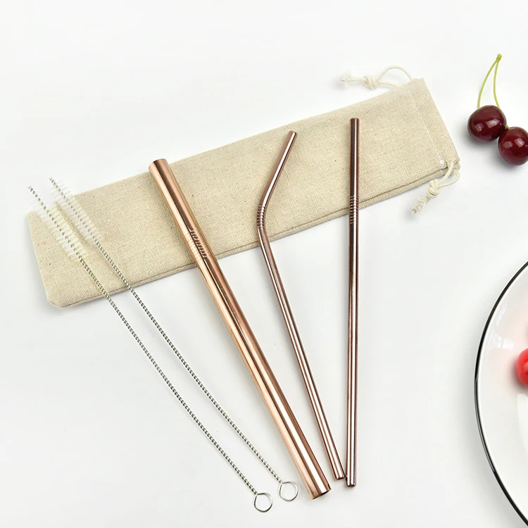 

FDA Approved Reusable Food Grade Rose Gold Stainless Steel 18/8 Straw Set, Customized