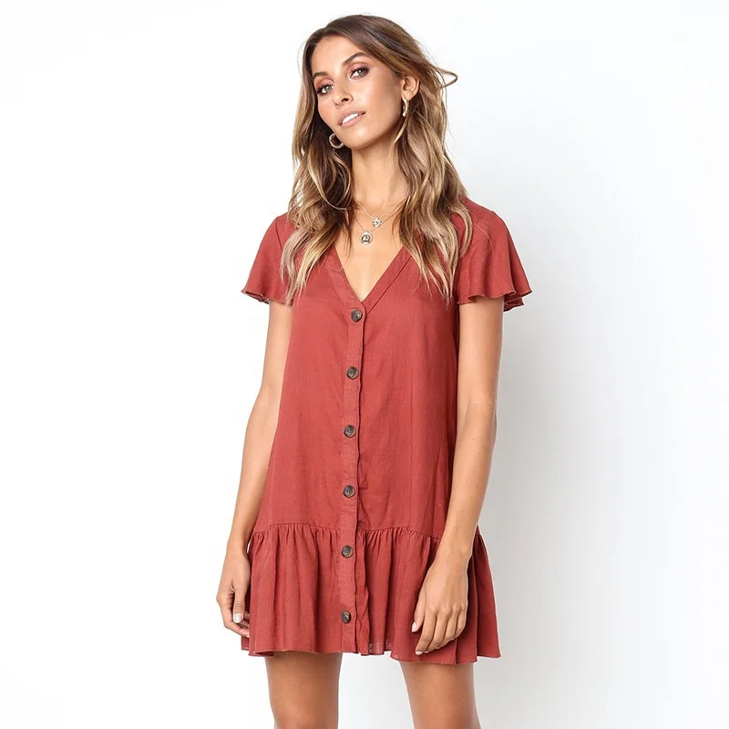 

2019 Women Button Down Dresses Ruffle Short Sleeve V-Neck Loose Fit Mini Casual Dresses, Photo shown