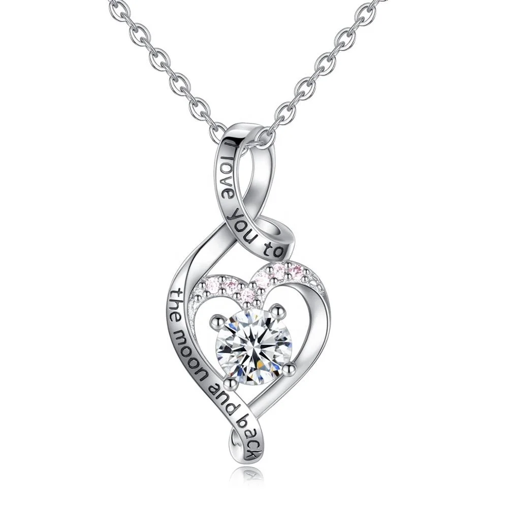 

S925 Silver Love Pink Zircon Lucky Heart Shape white gold necklace pendant