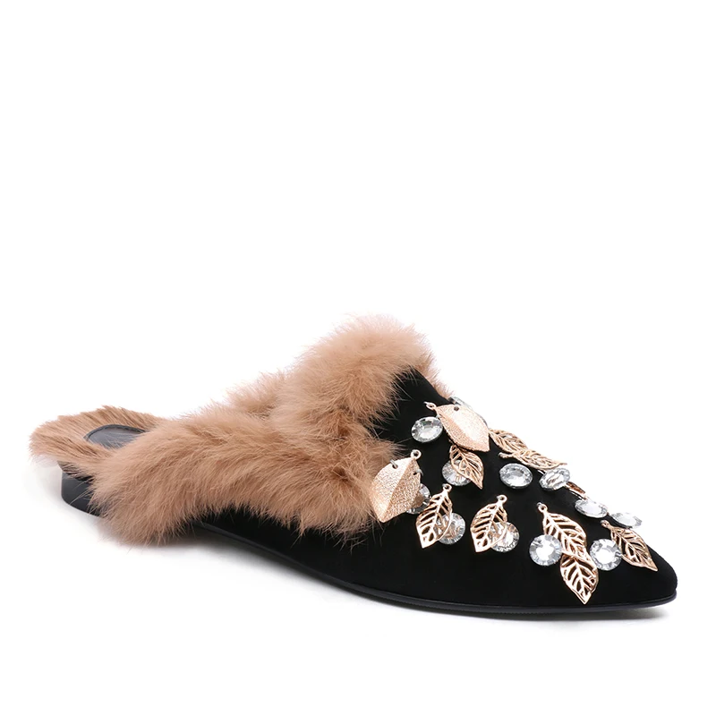 

WETKISS Direct Factory Supply OEM Lady Footwear Ethnic Crystal Flat Mules Suede Ladies Flat Slippers Fashion Women Mules Shoes, Black