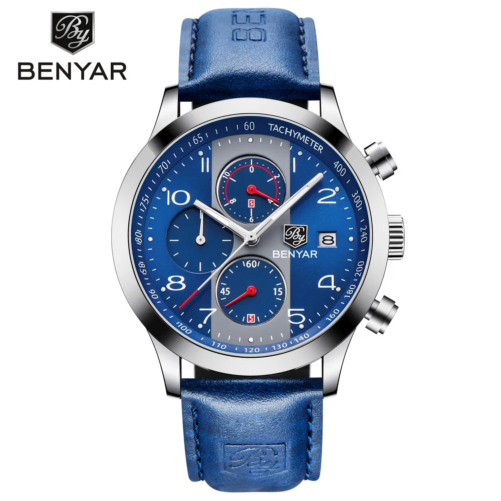 

BENYAR 5133 Luxury Designer Mens Quartz Wrist Watches Leather Strap Mens Watch Chronograph, 3 colors