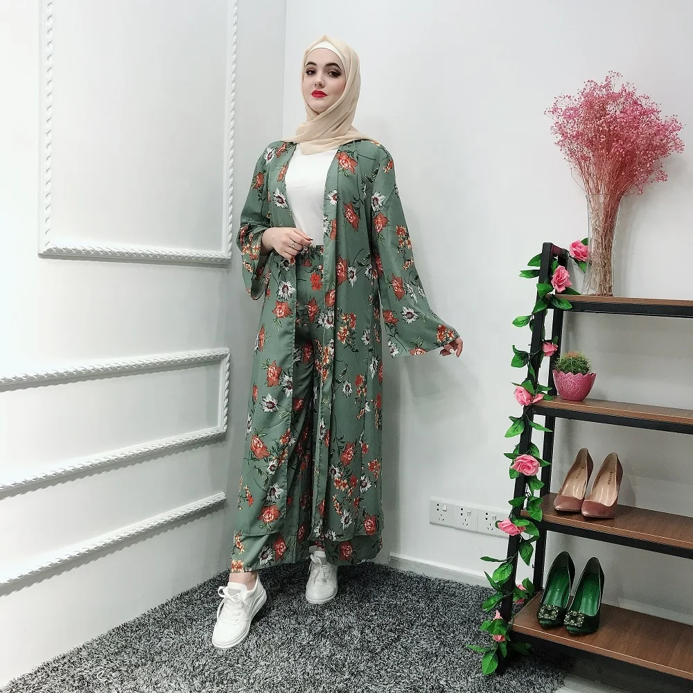 

2019 New islamic clothing set soft crepe top and pants muslim women ladies 2 pieces suit, Green