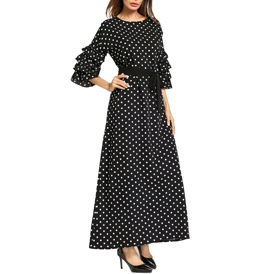 

80730-MX26 long fashion dot maxi tunic women dresses with ruffle sleeve