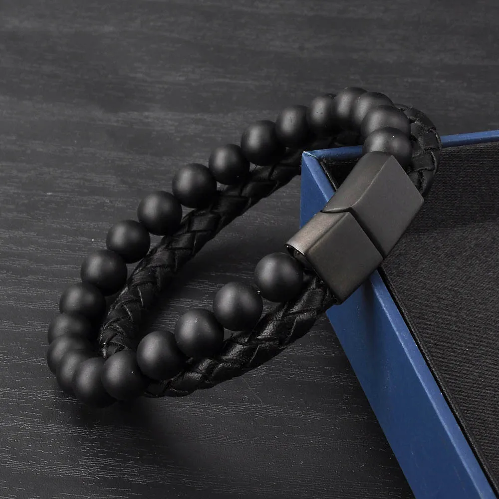 Fashion Jewelry Black Leather Round Stone Bead Design Cool Bracelets For Boys