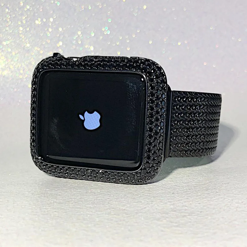 38/40/42/44MM Bling Jewelry Black Zirconia Stones Black Bezel Iced Out Watch Case For Apple 44MM