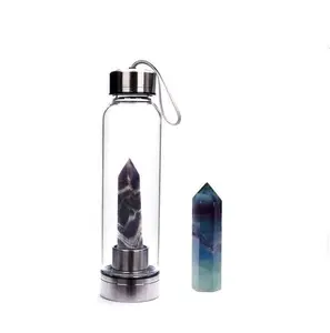 Image of Magnetic alkaline crystal drinking water bottle with natural crystal point inside energy healing glass water bottle for gift