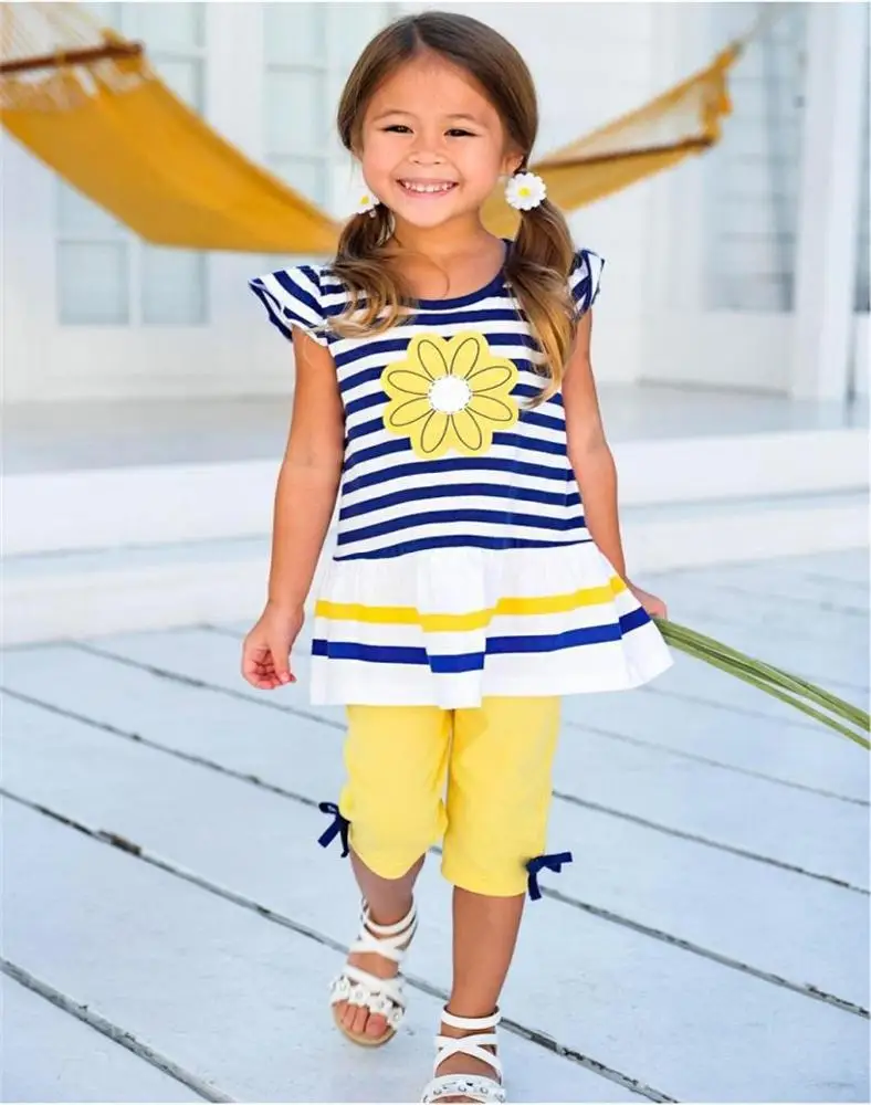 

Summer Girls Clothing Sets Baby Kids Clothes Suit Children Sleeveless Striped T-Shirt +Pants roupas infantil meninas, Blue