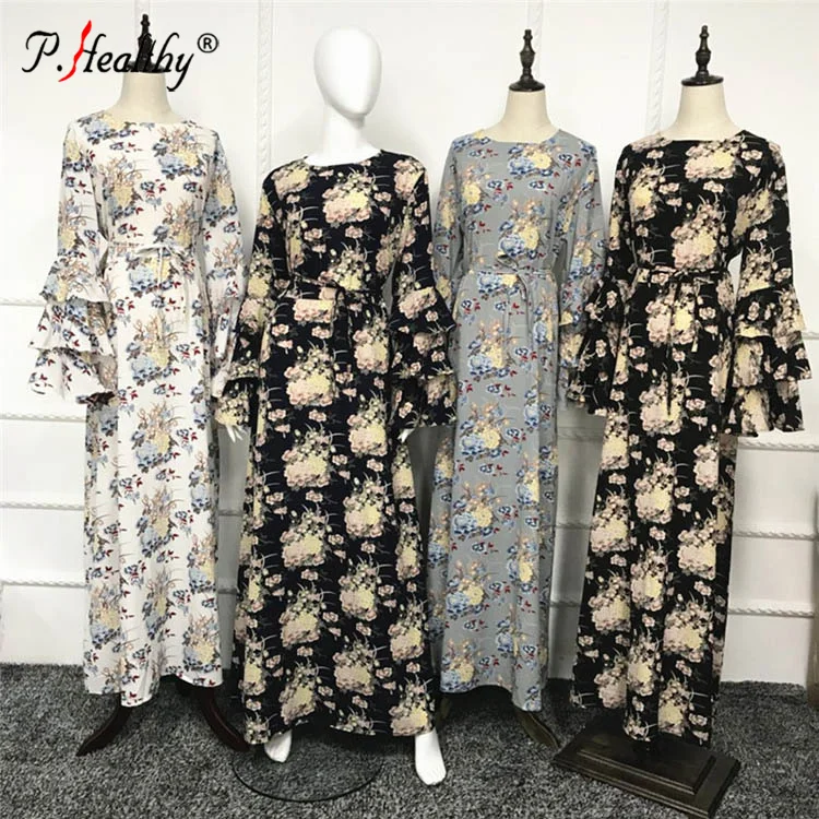 

PH Turkey Mid East dress 3 layer long sleeve printed large size abaya Muslim dress