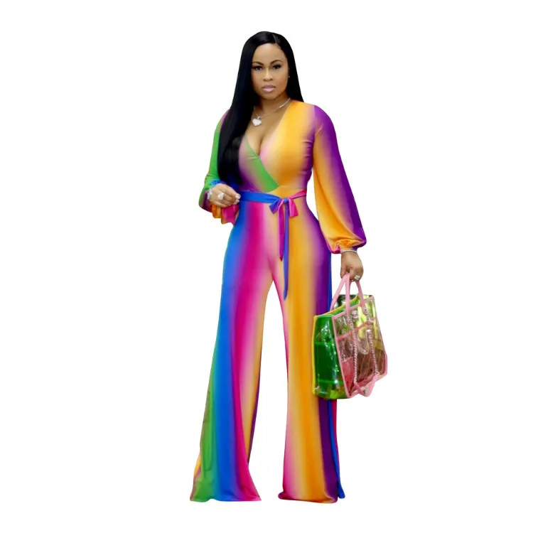 

Wholesale Deep V Neck Fashion Long Sleeve Multicolor Wide Leg Jumpsuit Women