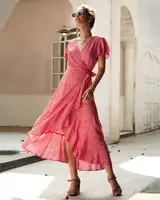 

2019 Ecowalson Summer Printing Petal Sleeve Petal V-neck Irregular Maxi Dress for Women