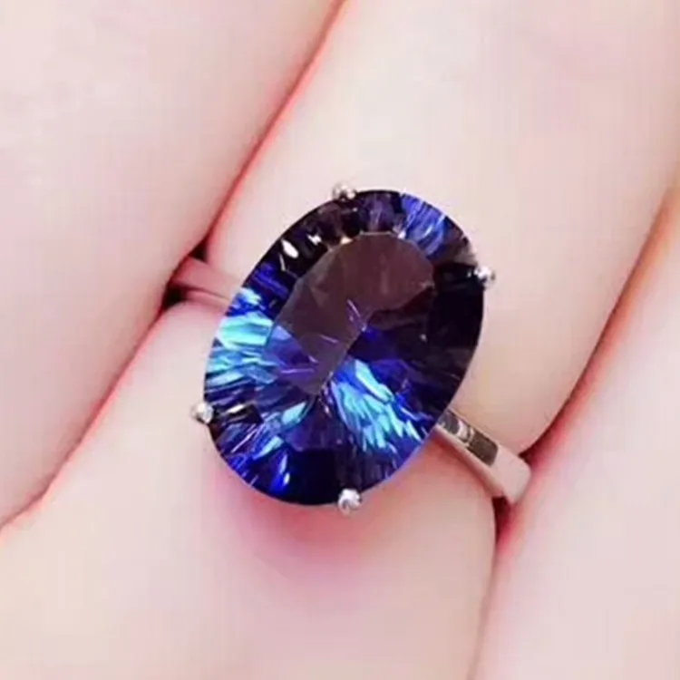 

wholesale trendy 925 sterling silver gemstone jewellery adjustable natural big stone blue topaz ring for women engagement