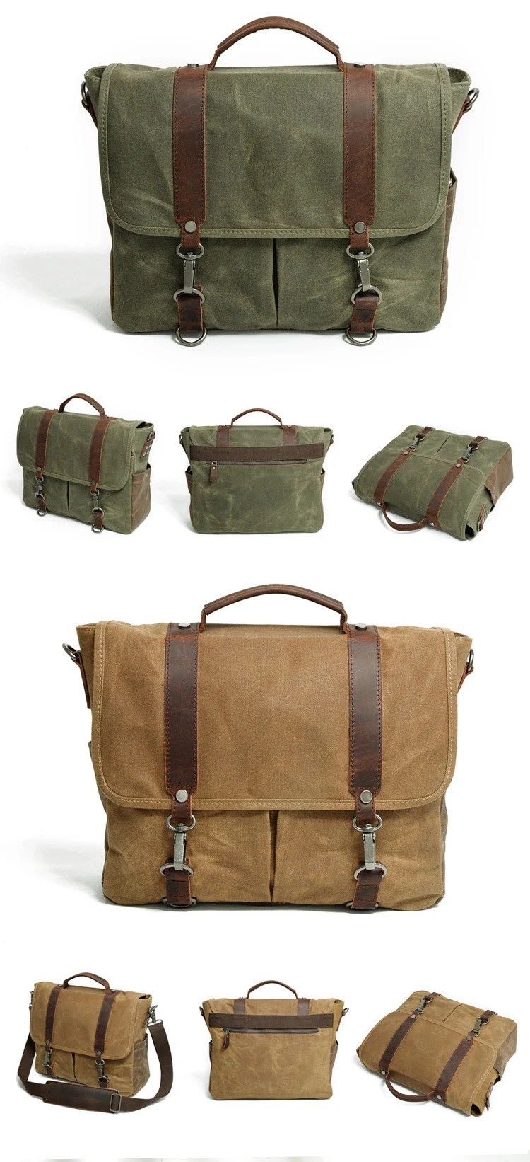 European design vintage retro stylish waterproof waxed canvas unisex laptop messenger shoulder bag with leather trim