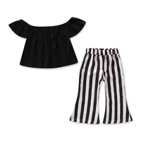 

Family matching clothing sets off shoulder ruffles top and wide Leg striped pants mom and daughter dress