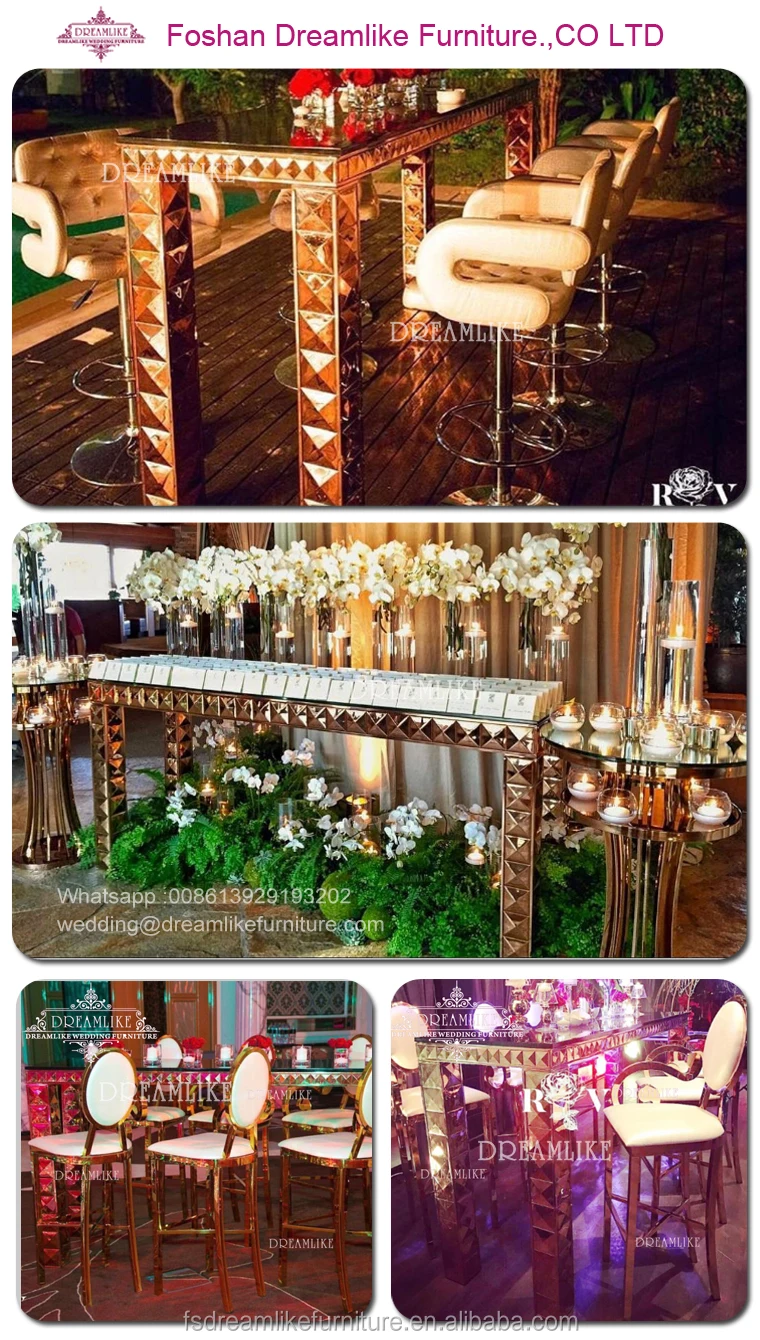 High Rose Gold Stainless Steel Bar Tables With Glass Top